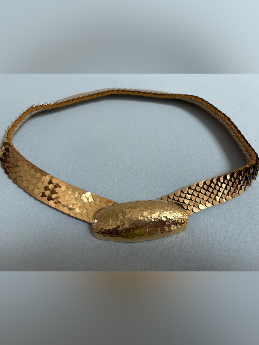Vintage Gold Snake Scale Elastic Waist Belt with Hammered Metal Buckle